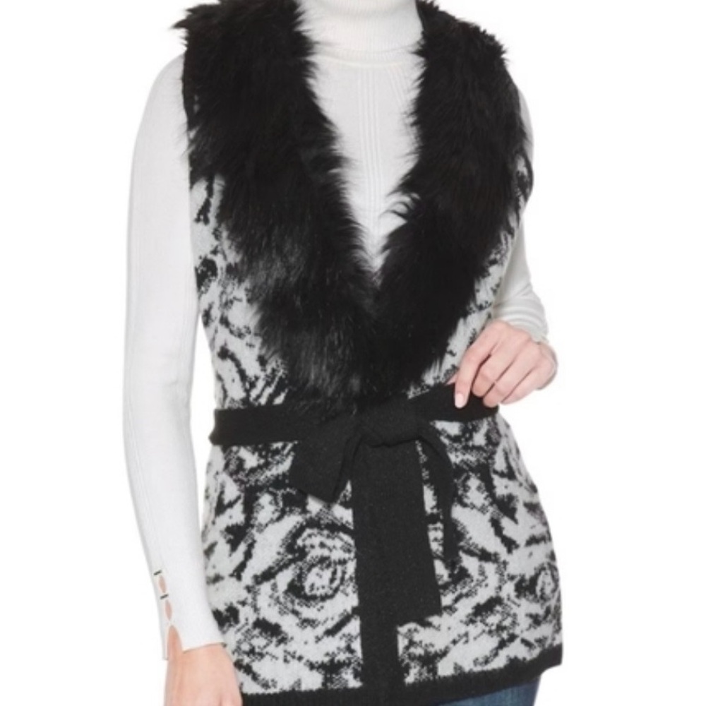 WHBM White House Black Market Vest Knit Patterned Fur Belted Jacket Women M